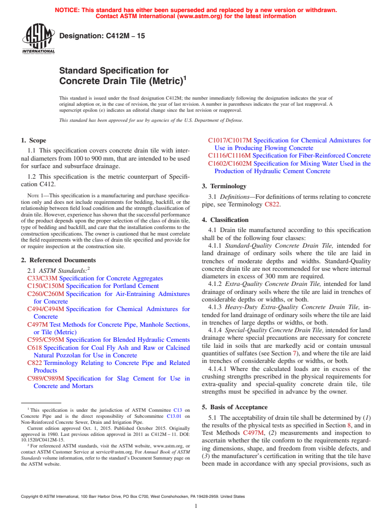 ASTM C412M-15 - Standard Specification for  Concrete Drain Tile (Metric)