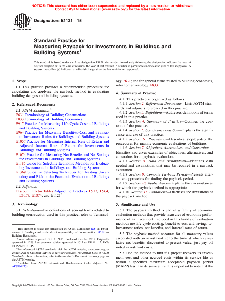 ASTM E1121-15 - Standard Practice for Measuring Payback for Investments in Buildings and Building  Systems