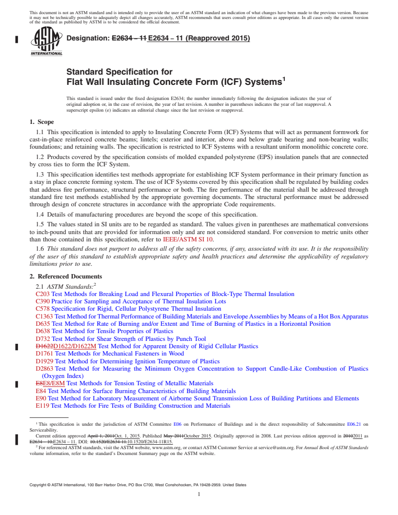 REDLINE ASTM E2634-11(2015) - Standard Specification for Flat Wall Insulating Concrete Form (ICF) Systems