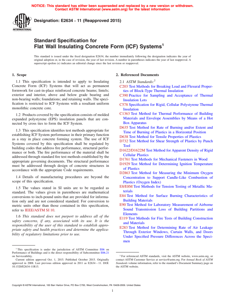 ASTM E2634-11(2015) - Standard Specification for Flat Wall Insulating Concrete Form (ICF) Systems