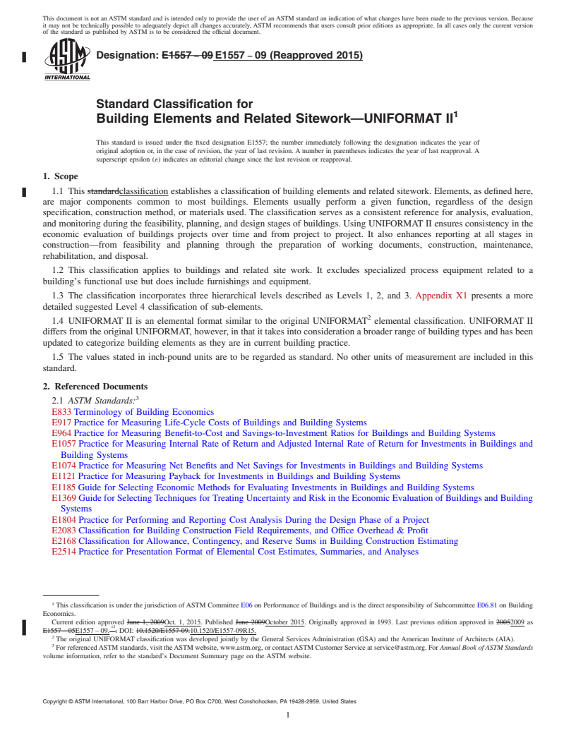 REDLINE ASTM E1557-09(2015) - Standard Classification for Building Elements and Related Sitework&#x2014;UNIFORMAT II