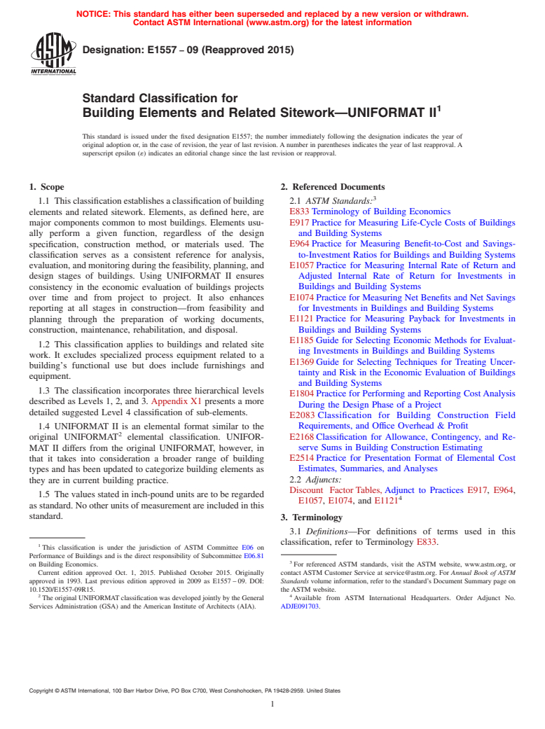 ASTM E1557-09(2015) - Standard Classification for Building Elements and Related Sitework&#x2014;UNIFORMAT II