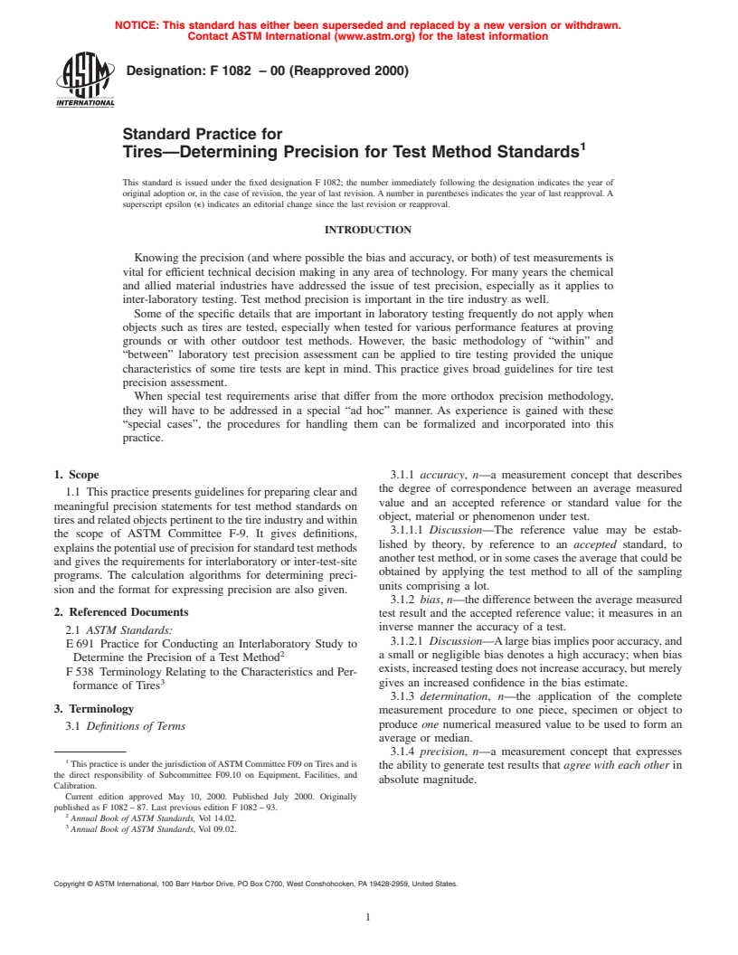 ASTM F1082-00(2000) - Standard Practice for Tires-Determining Precision for Test Method Standards (Withdrawn 2006)