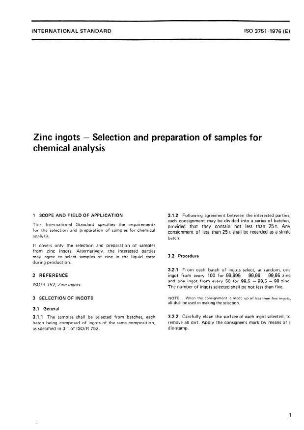 ISO 3751:1976 - Zinc ingots -- Selection and preparation of samples for chemical analysis