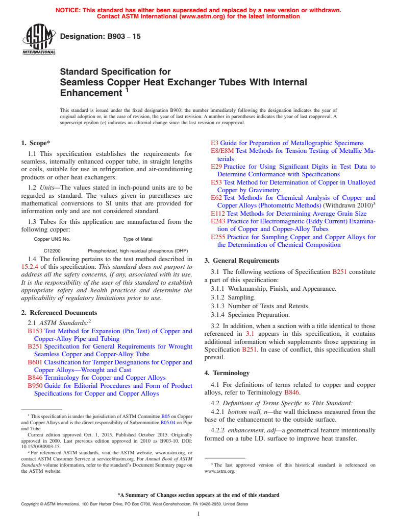 ASTM B903-15 - Standard Specification for Seamless Copper Heat Exchanger Tubes With Internal Enhancement