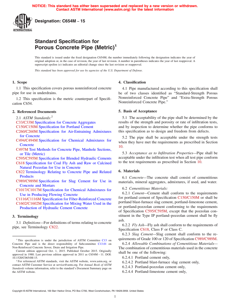 ASTM C654M-15 - Standard Specification for  Porous Concrete Pipe (Metric)