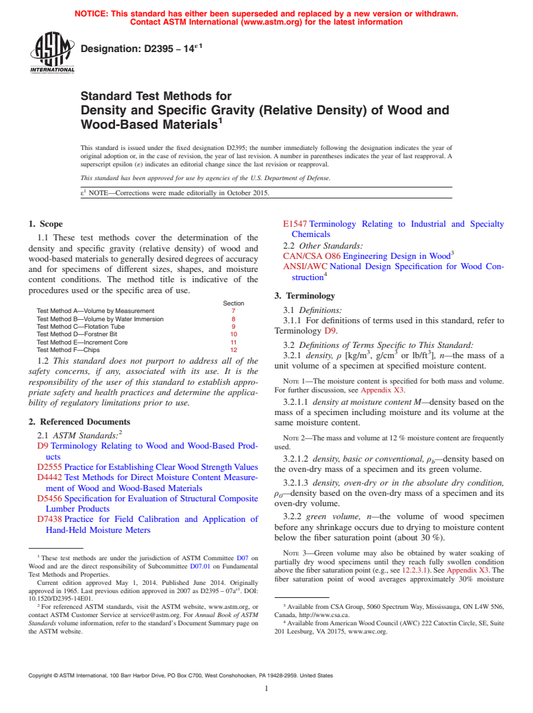 ASTM D2395-14e1 - Standard Test Methods for Density and Specific Gravity (Relative Density) of Wood and  Wood-Based Materials