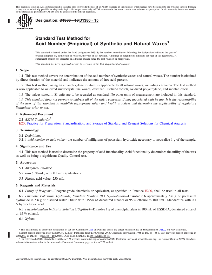 REDLINE ASTM D1386-15 - Standard Test Method for  Acid Number (Empirical) of Synthetic and Natural Waxes