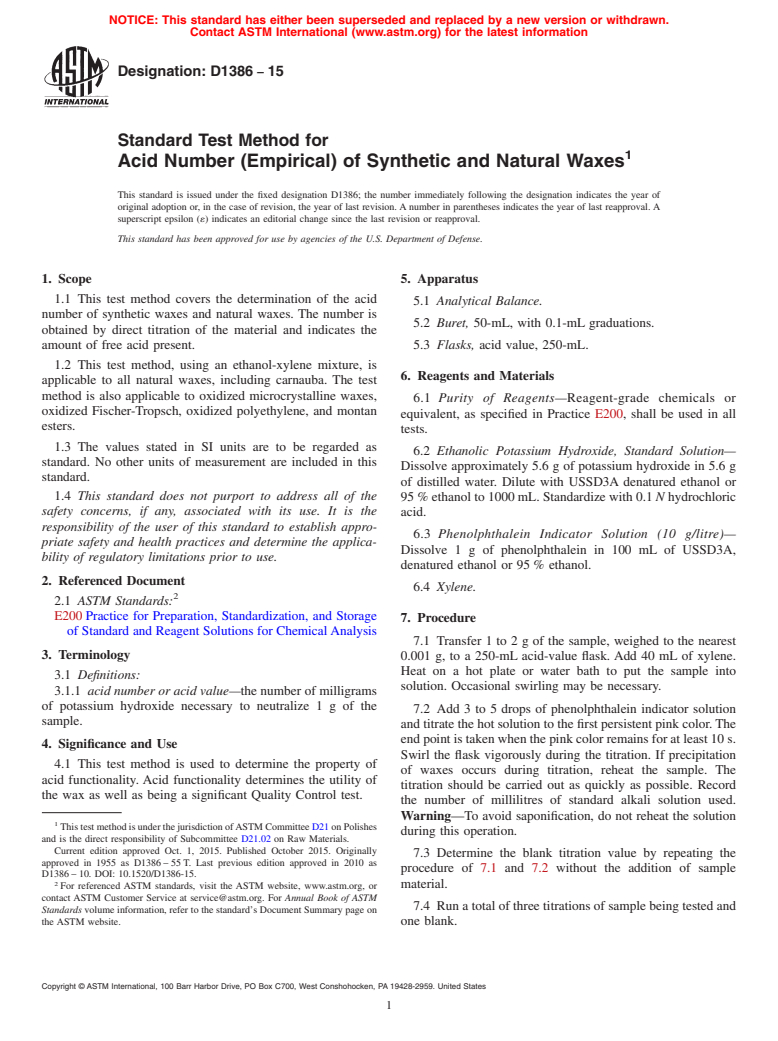 ASTM D1386-15 - Standard Test Method for  Acid Number (Empirical) of Synthetic and Natural Waxes