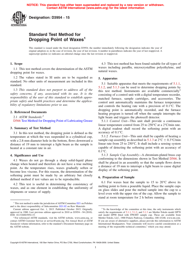 ASTM D3954-15 - Standard Test Method for  Dropping Point of Waxes