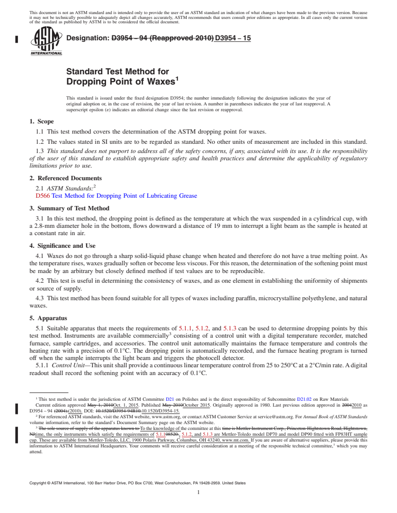 REDLINE ASTM D3954-15 - Standard Test Method for  Dropping Point of Waxes