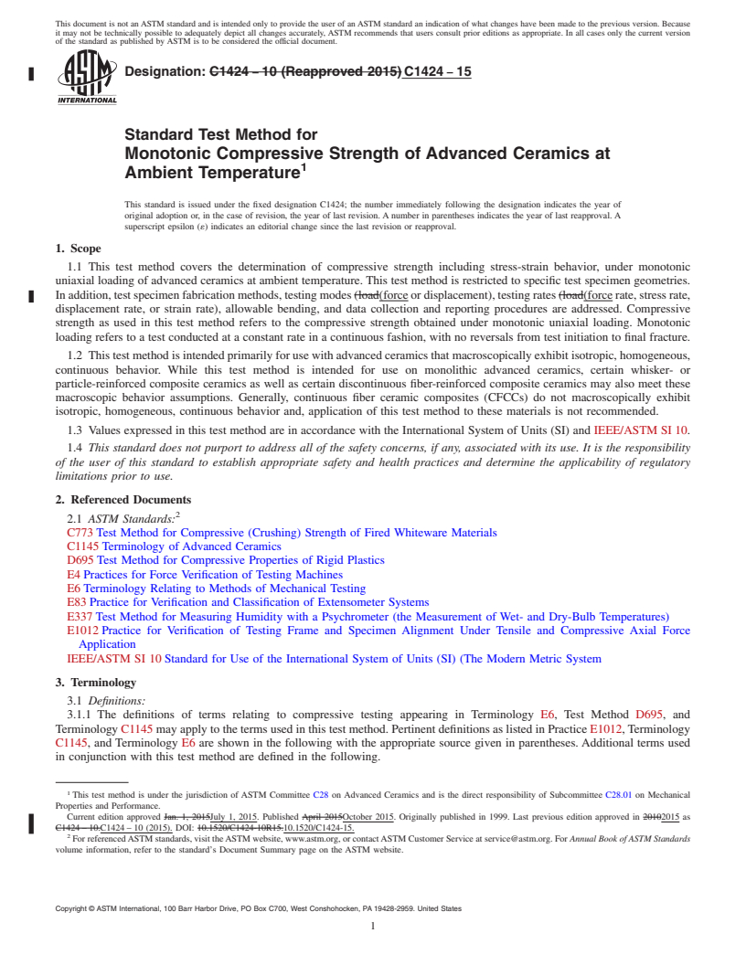 REDLINE ASTM C1424-15 - Standard Test Method for Monotonic Compressive Strength of Advanced Ceramics at Ambient   Temperature