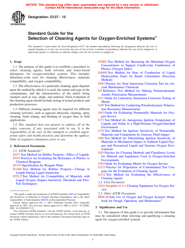 ASTM G127-15 - Standard Guide for the  Selection of Cleaning Agents for Oxygen-Enriched Systems