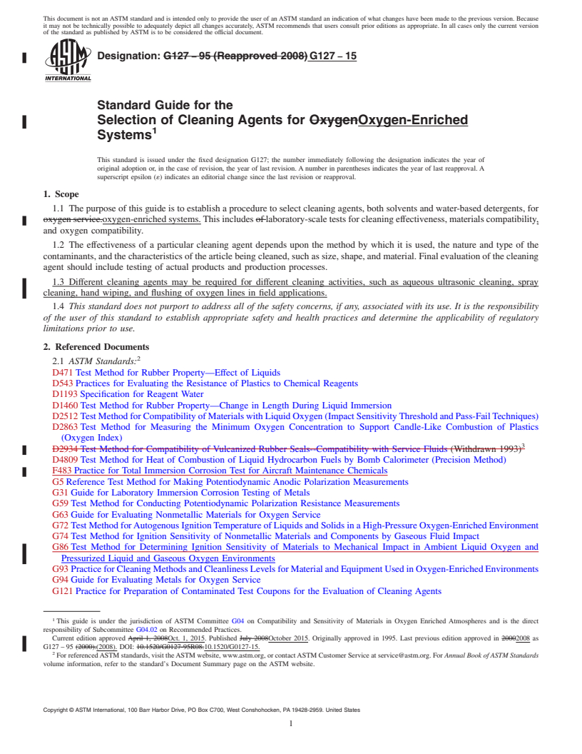 REDLINE ASTM G127-15 - Standard Guide for the  Selection of Cleaning Agents for Oxygen-Enriched Systems