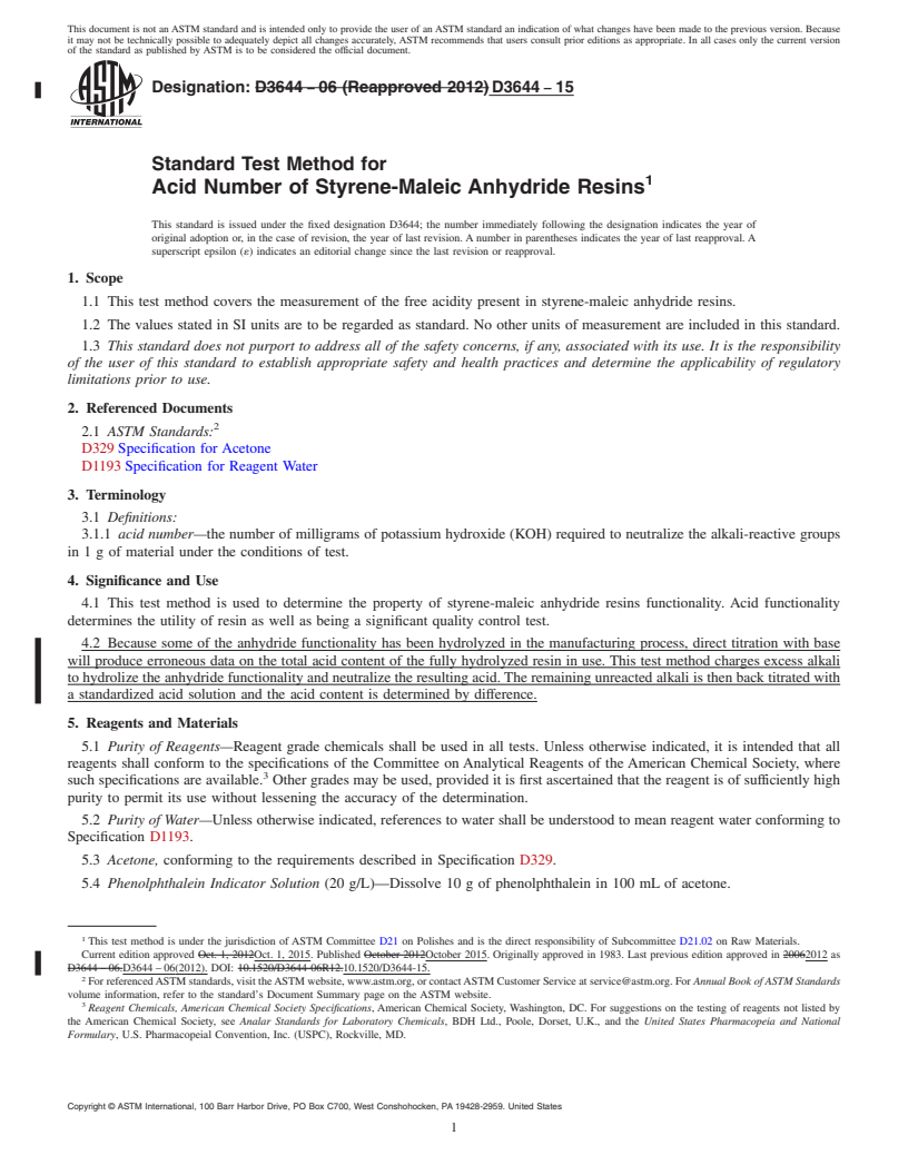 REDLINE ASTM D3644-15 - Standard Test Method for  Acid Number of Styrene-Maleic Anhydride Resins