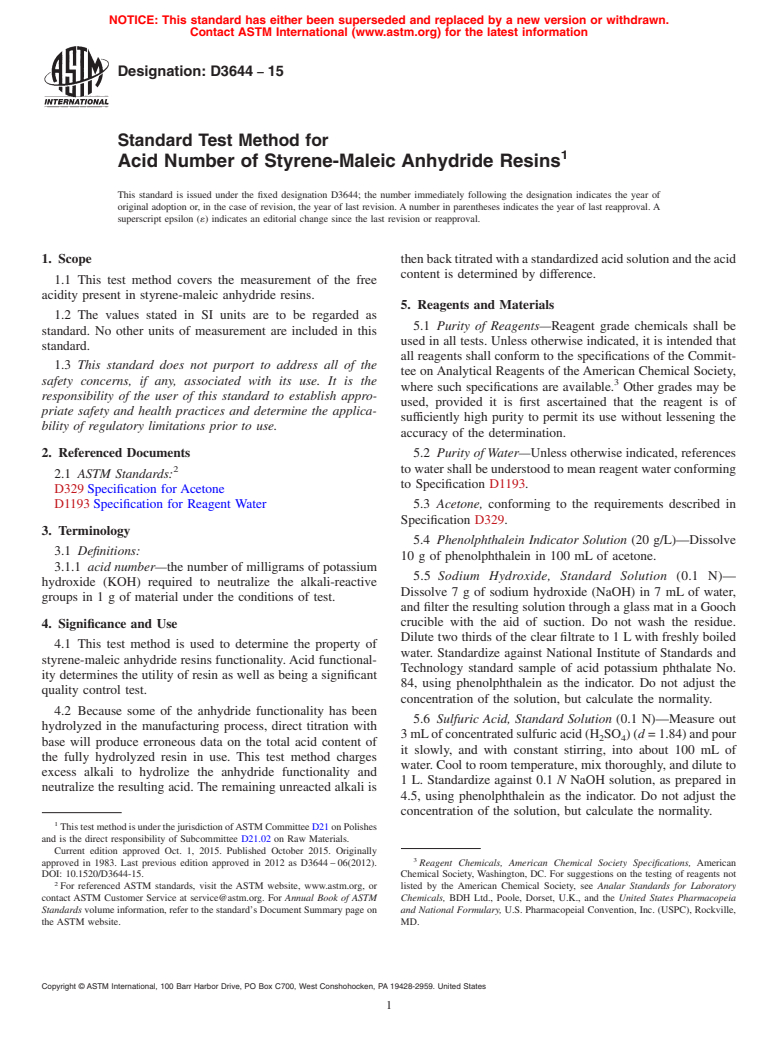 ASTM D3644-15 - Standard Test Method for  Acid Number of Styrene-Maleic Anhydride Resins