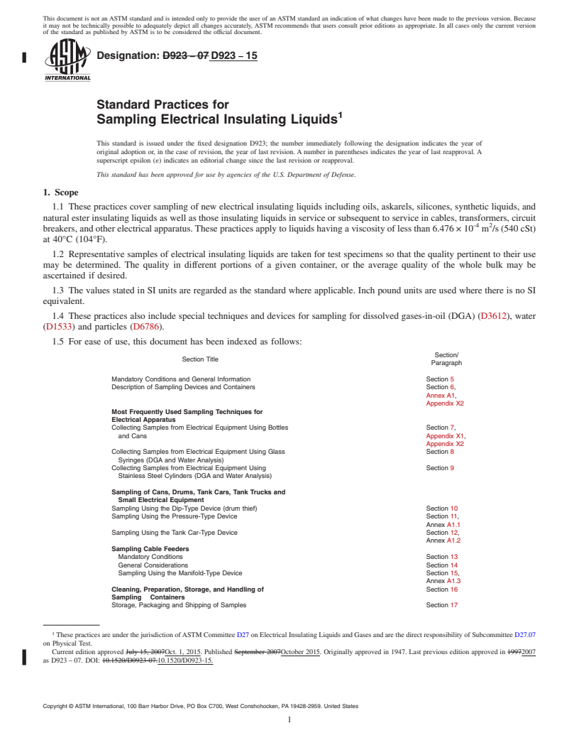 REDLINE ASTM D923-15 - Standard Practices for  Sampling Electrical Insulating Liquids