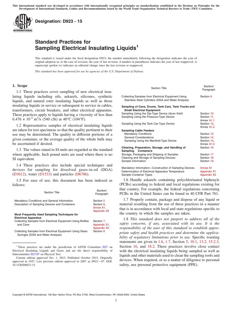 ASTM D923-15 - Standard Practices for  Sampling Electrical Insulating Liquids