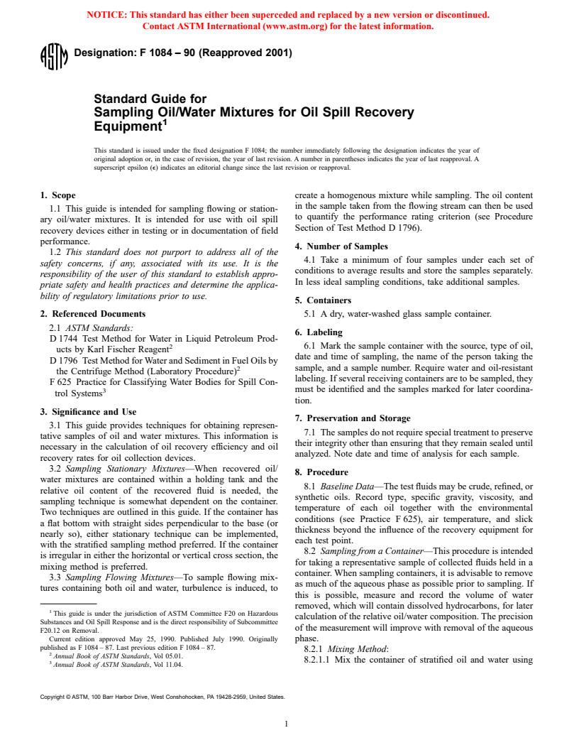 ASTM F1084-90(2001) - Standard Guide for Sampling Oil/Water Mixtures for Oil Spill Recovery Equipment