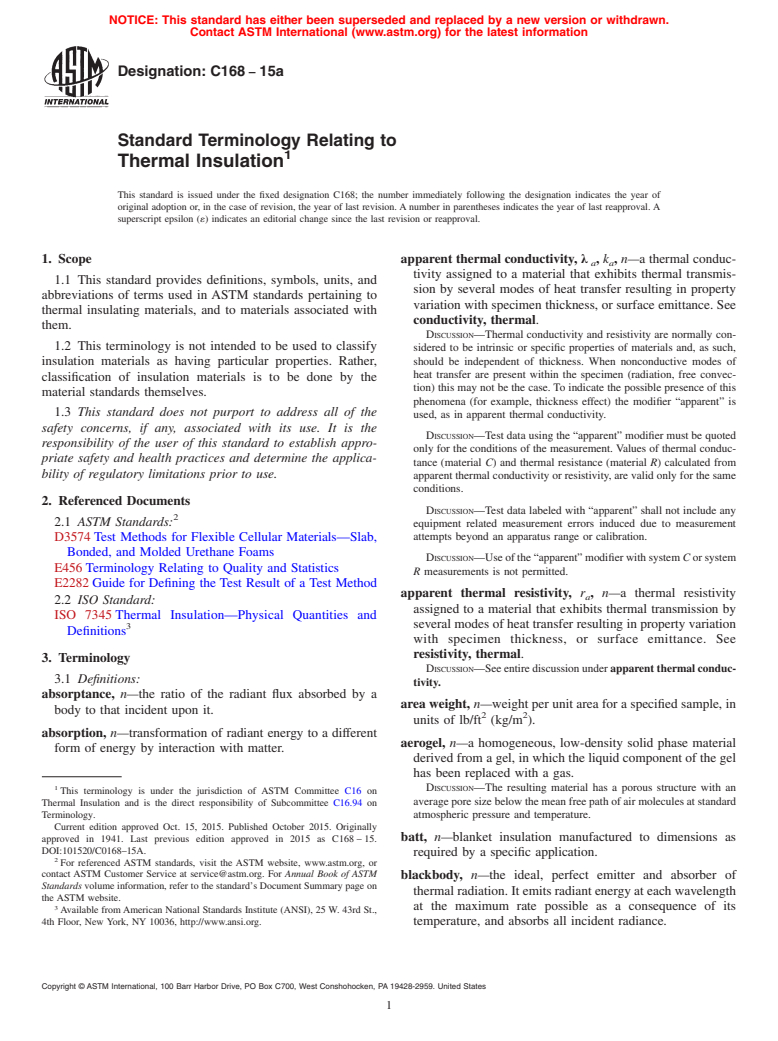 ASTM C168-15a - Standard Terminology Relating to  Thermal Insulation