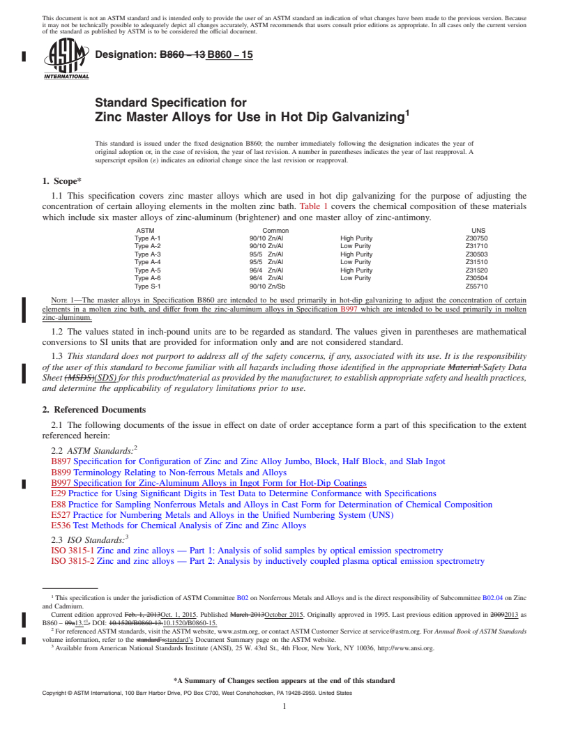 REDLINE ASTM B860-15 - Standard Specification for Zinc Master Alloys for Use in Hot Dip Galvanizing