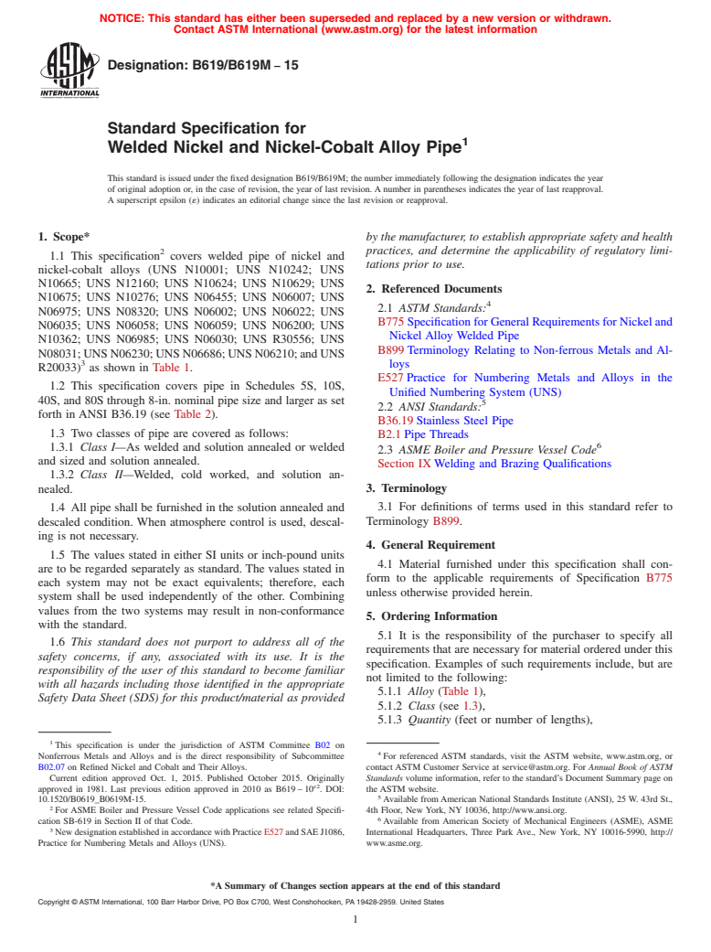 ASTM B619/B619M-15 - Standard Specification for Welded Nickel and Nickel-Cobalt Alloy Pipe