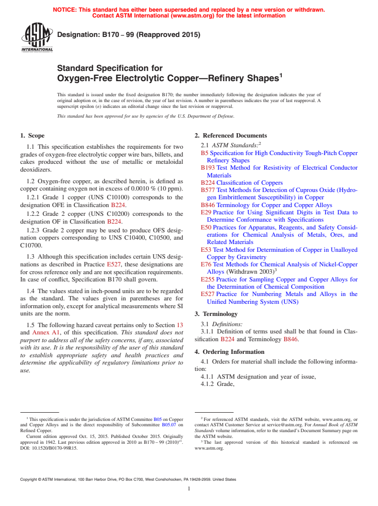 ASTM B170-99(2015) - Standard Specification for Oxygen-Free Electrolytic Copper&#x2014;Refinery Shapes