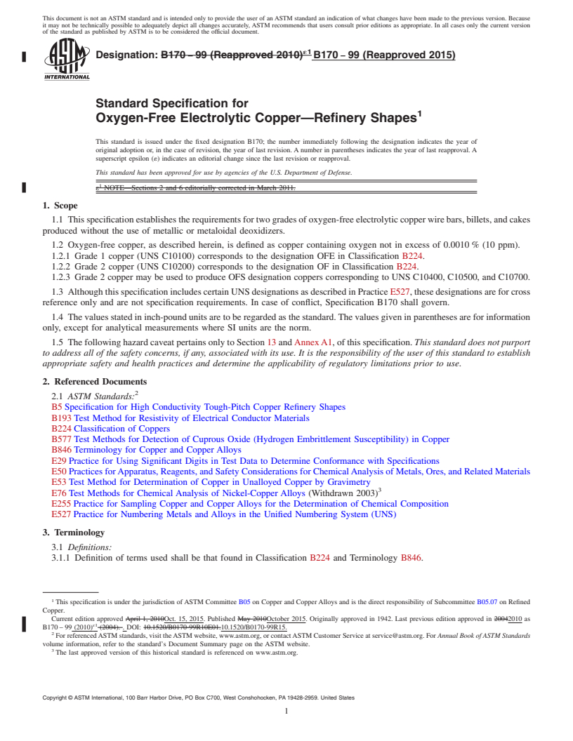 REDLINE ASTM B170-99(2015) - Standard Specification for Oxygen-Free Electrolytic Copper&#x2014;Refinery Shapes