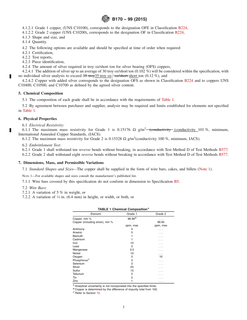 REDLINE ASTM B170-99(2015) - Standard Specification for Oxygen-Free Electrolytic Copper&#x2014;Refinery Shapes