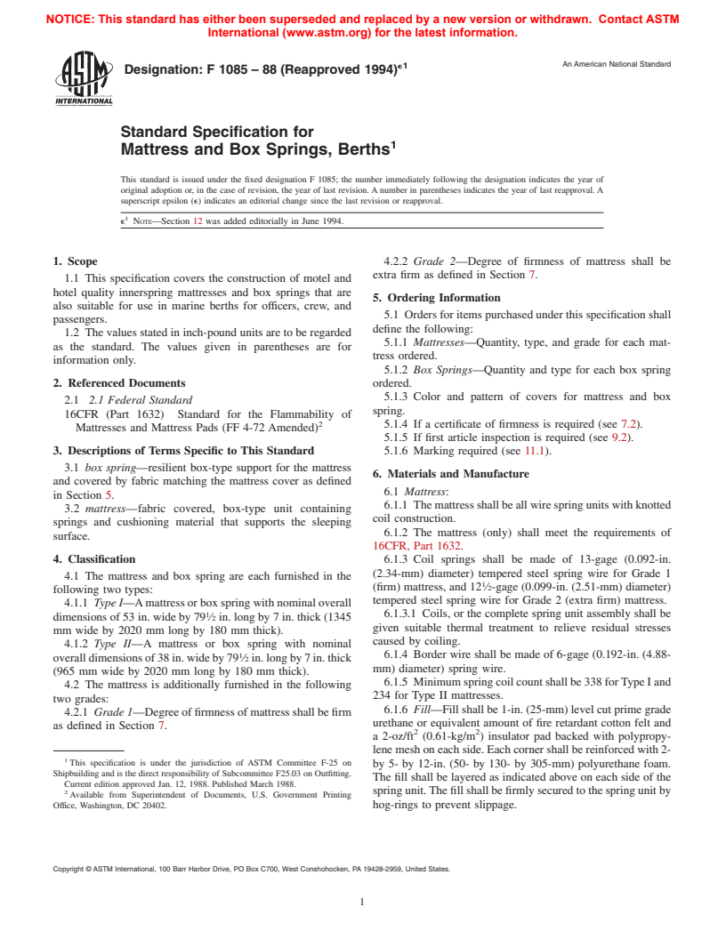 ASTM F1085-88(1994)e1 - Standard Specification for Mattress and Box Springs, Berths