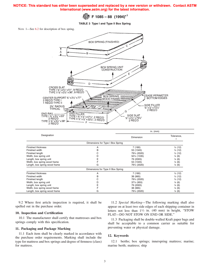 ASTM F1085-88(1994)e1 - Standard Specification for Mattress and Box Springs, Berths