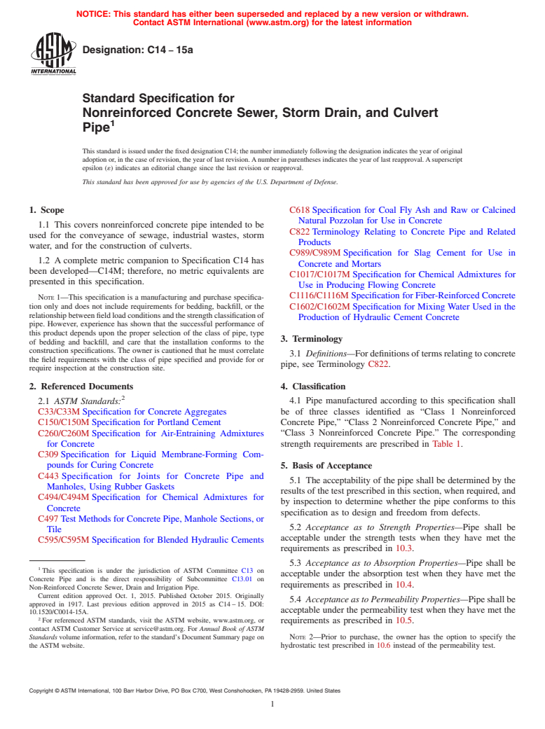 ASTM C14-15a - Standard Specification for  Nonreinforced Concrete Sewer, Storm Drain, and Culvert Pipe