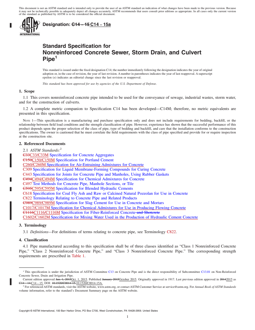 REDLINE ASTM C14-15a - Standard Specification for  Nonreinforced Concrete Sewer, Storm Drain, and Culvert Pipe