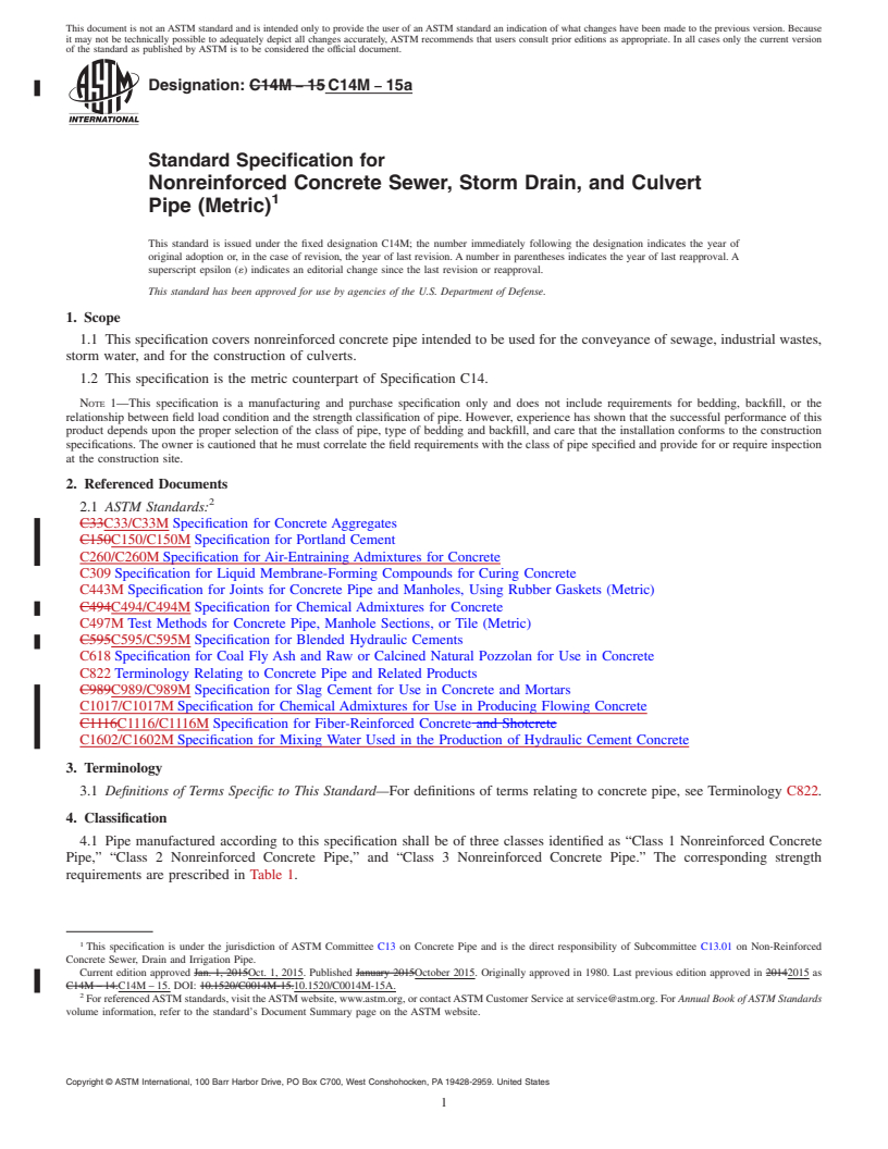 REDLINE ASTM C14M-15a - Standard Specification for  Nonreinforced Concrete Sewer, Storm Drain, and Culvert Pipe   (Metric)