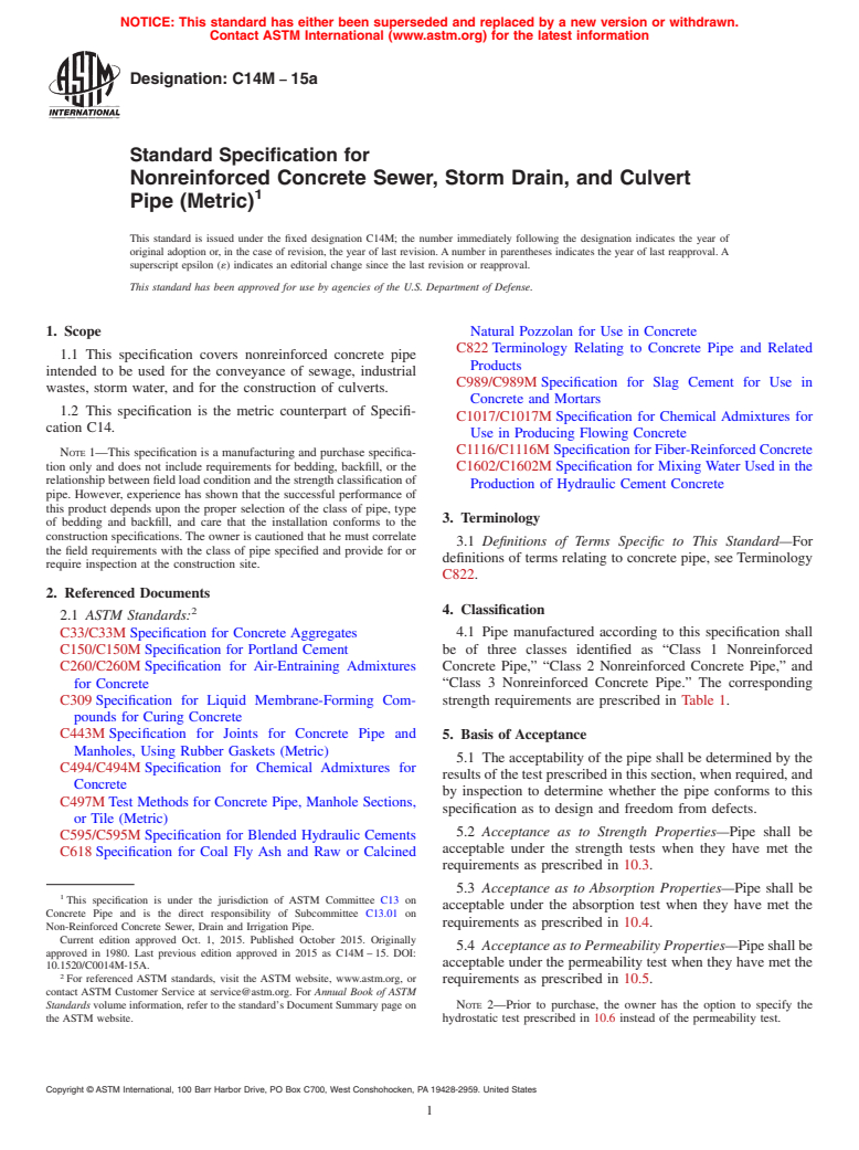 ASTM C14M-15a - Standard Specification for  Nonreinforced Concrete Sewer, Storm Drain, and Culvert Pipe   (Metric)