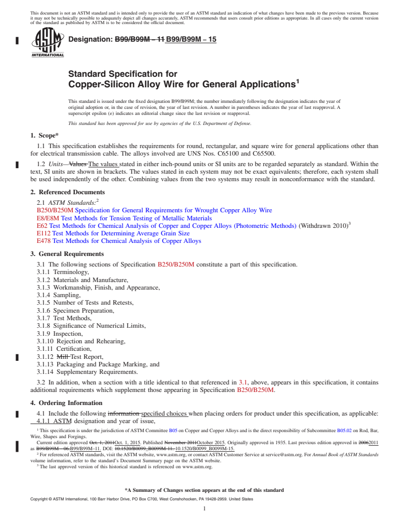 REDLINE ASTM B99/B99M-15 - Standard Specification for Copper-Silicon Alloy Wire for General Applications