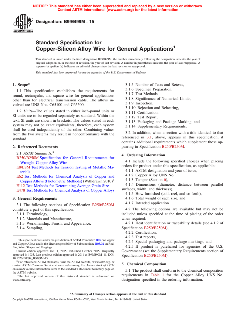 ASTM B99/B99M-15 - Standard Specification for Copper-Silicon Alloy Wire for General Applications