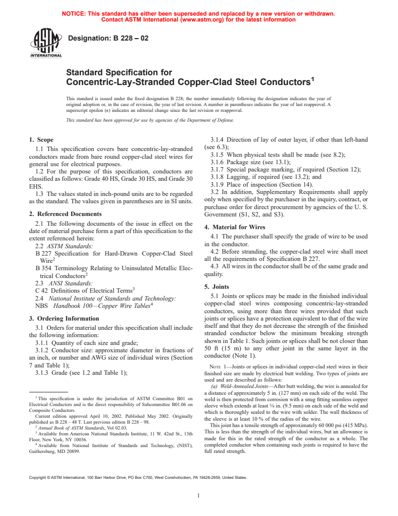 ASTM B228-02 - Standard Specification for Concentric-Lay-Stranded Copper-Clad Steel Conductors