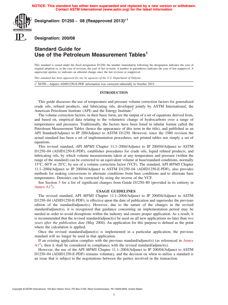 ASTM D1250-08(2013)e1 - Standard Guide for  Use of the Petroleum Measurement Tables