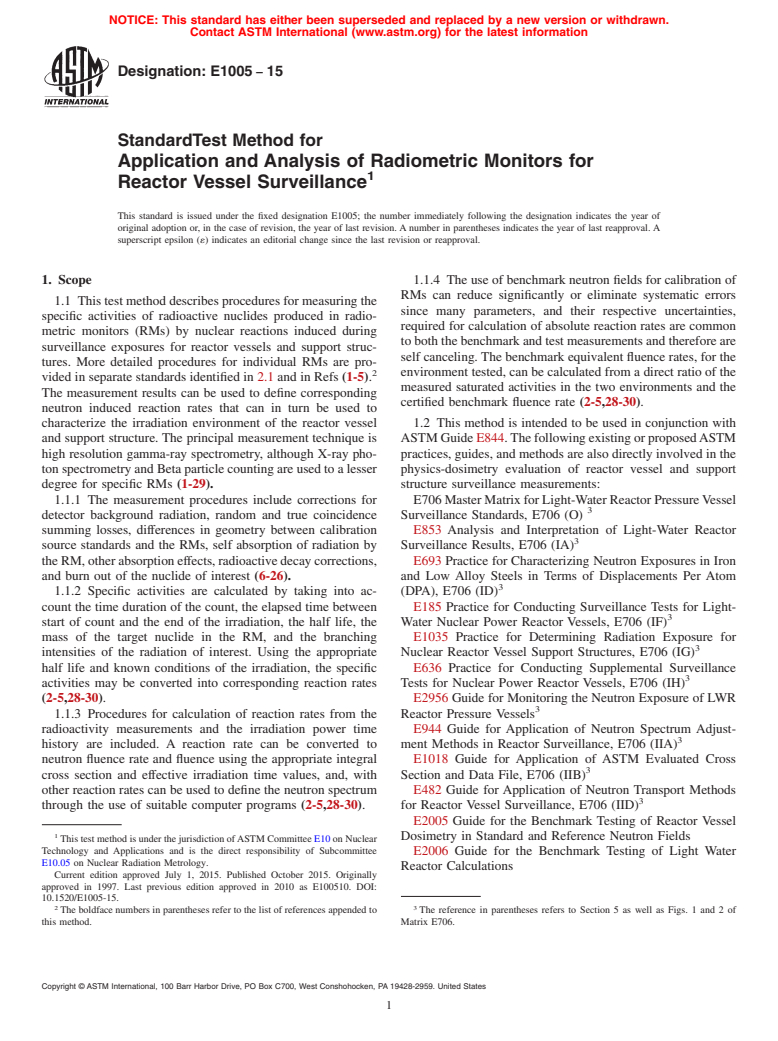 ASTM E1005-15 - Standard Test Method for  Application and Analysis of Radiometric Monitors for Reactor  Vessel Surveillance
