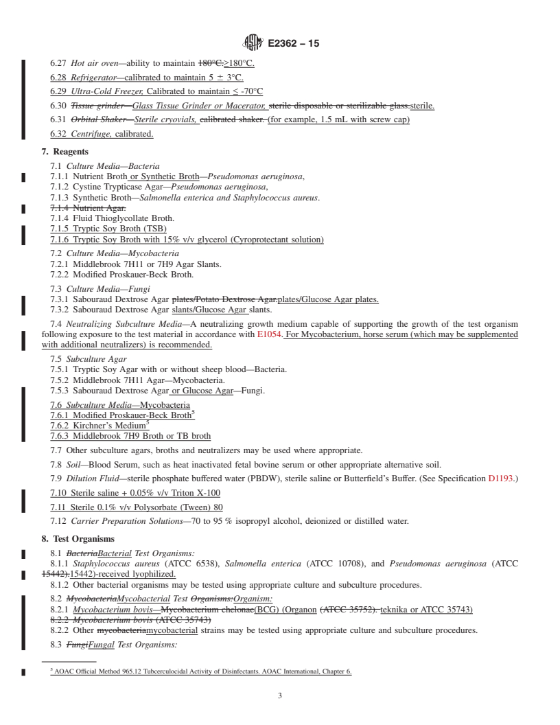 REDLINE ASTM E2362-15 - Standard Practice for  Evaluation of Pre-saturated or Impregnated Towelettes for Hard  Surface  Disinfection