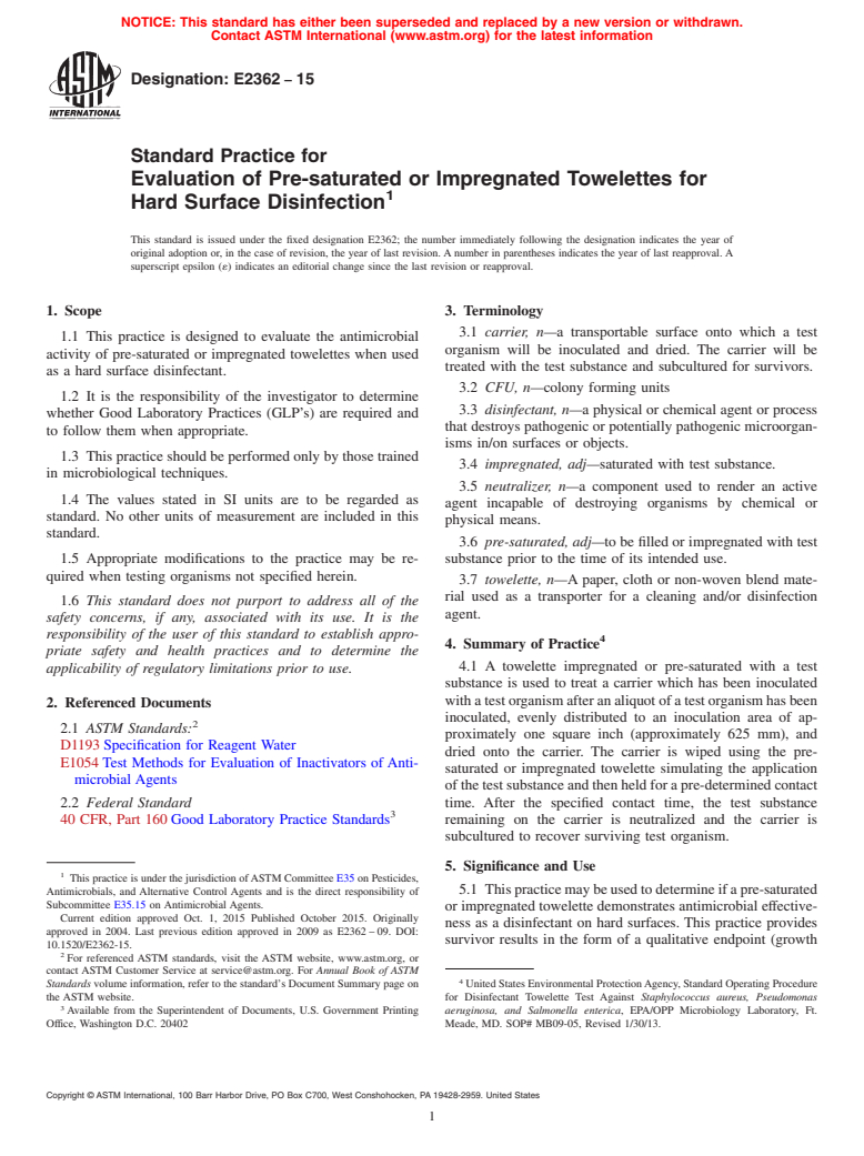 ASTM E2362-15 - Standard Practice for  Evaluation of Pre-saturated or Impregnated Towelettes for Hard  Surface  Disinfection