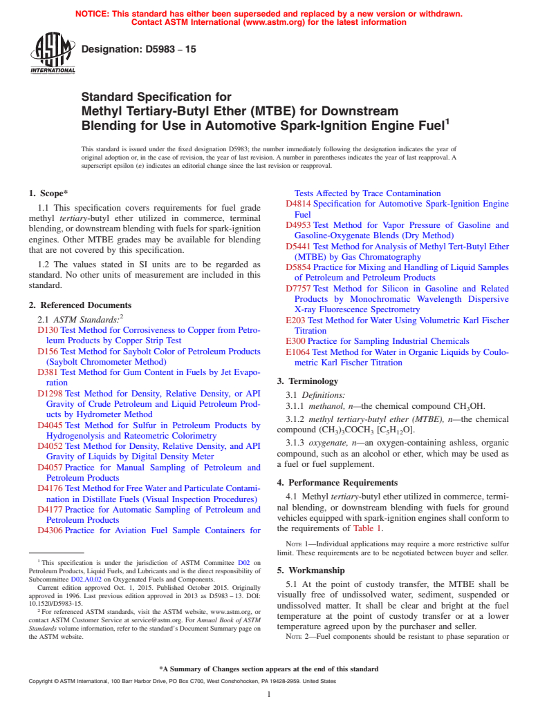 ASTM D5983-15 - Standard Specification For Methyl Tertiary-Butyl Ether ...