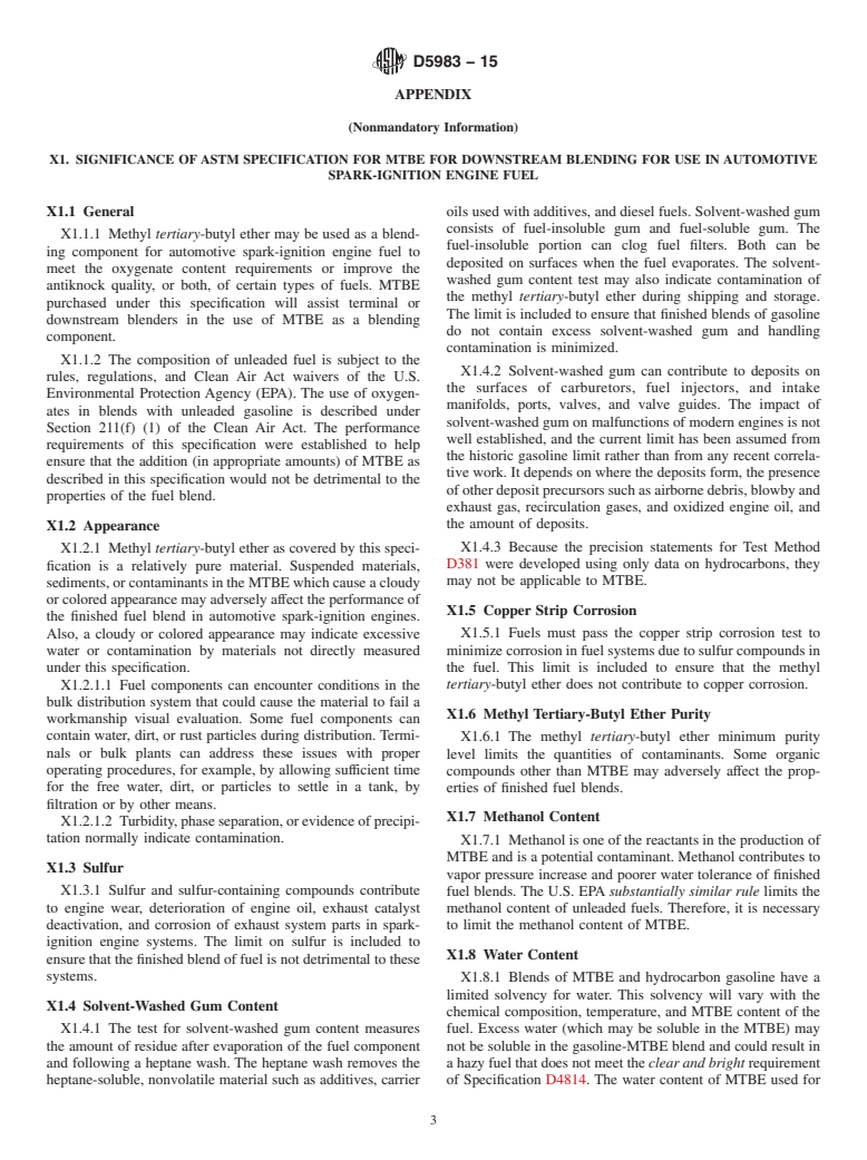 ASTM D5983-15 - Standard Specification for  Methyl Tertiary-Butyl Ether (MTBE) for Downstream Blending   for Use in Automotive Spark-Ignition Engine Fuel