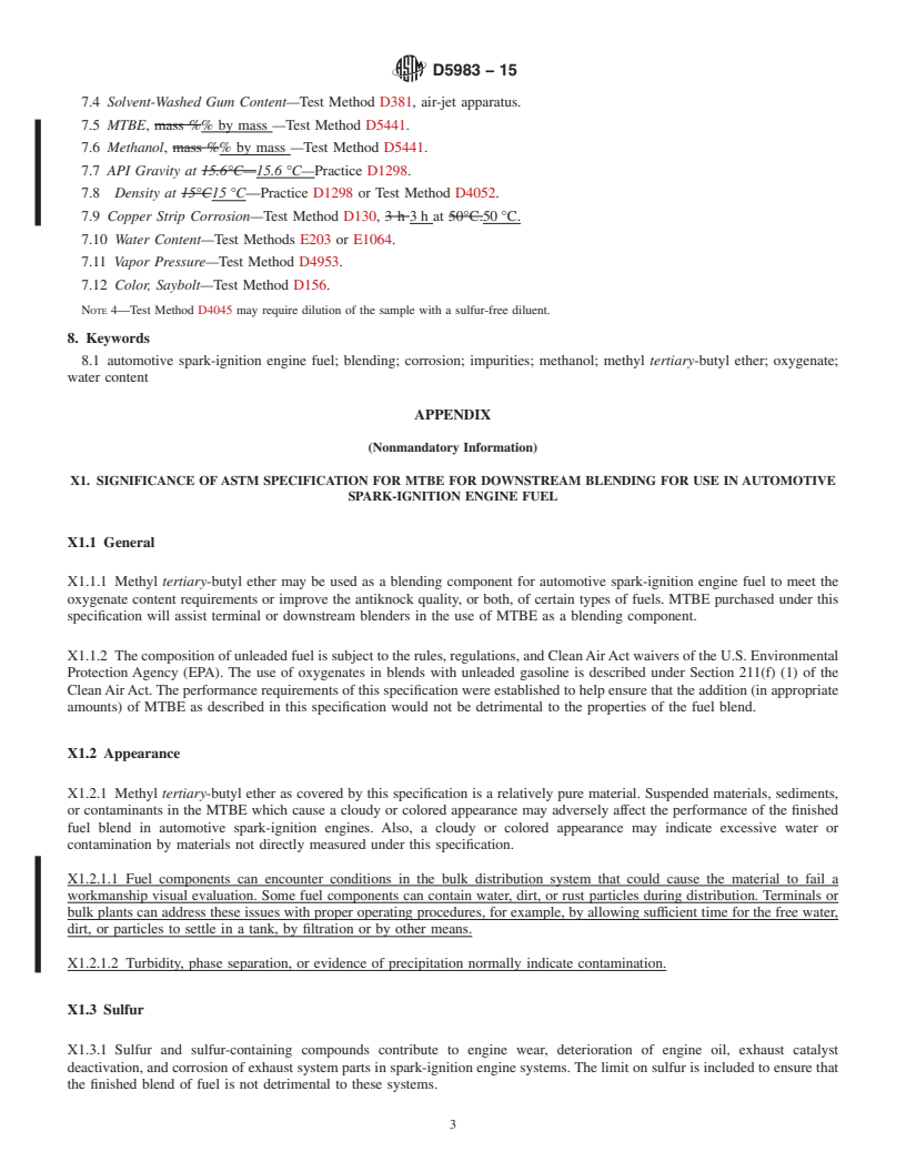 REDLINE ASTM D5983-15 - Standard Specification for  Methyl Tertiary-Butyl Ether (MTBE) for Downstream Blending   for Use in Automotive Spark-Ignition Engine Fuel