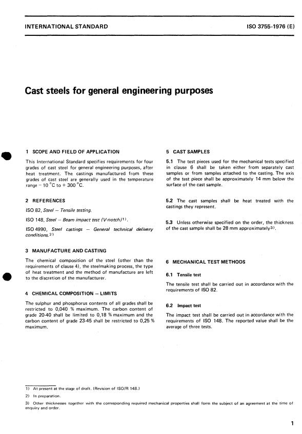 ISO 3755:1976 - Cast steels for general engineering purposes