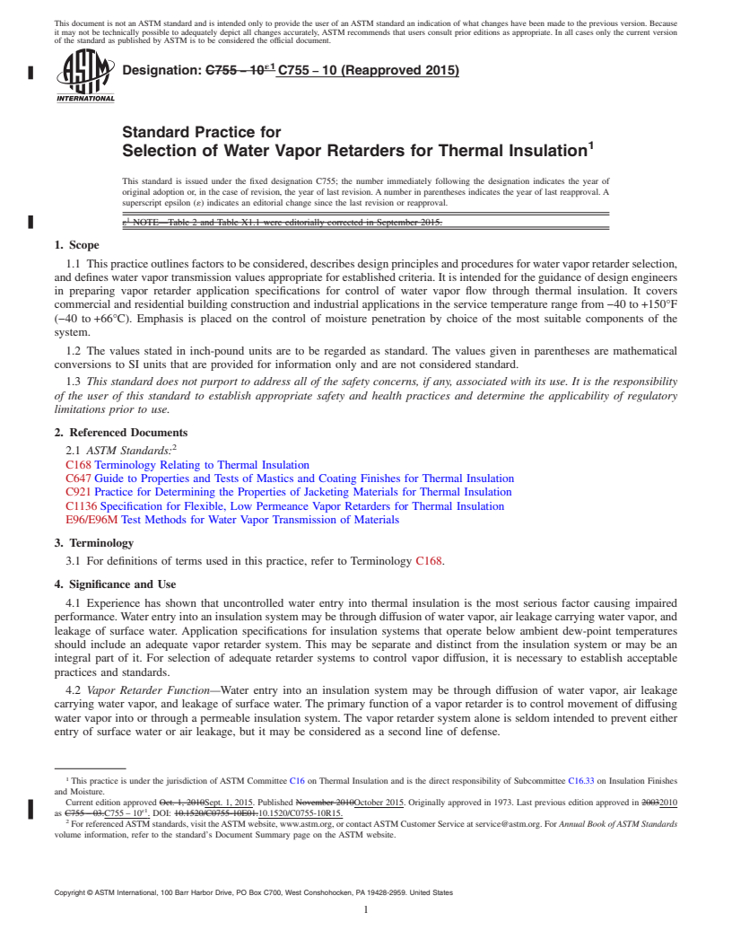 REDLINE ASTM C755-10(2015) - Standard Practice for Selection of Water Vapor Retarders for Thermal Insulation