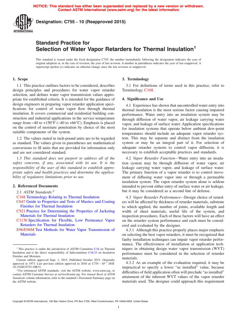 ASTM C755-10(2015) - Standard Practice for Selection of Water Vapor Retarders for Thermal Insulation
