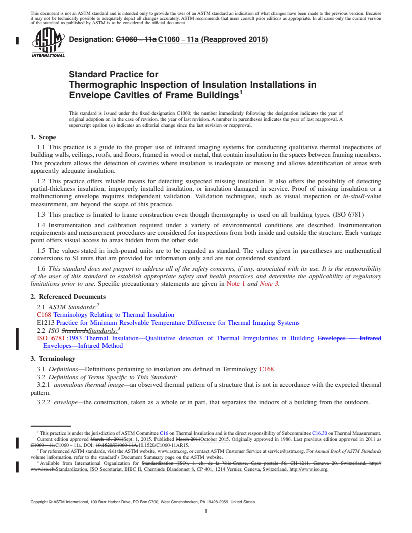 REDLINE ASTM C1060-11a(2015) - Standard Practice for Thermographic Inspection of Insulation Installations in Envelope  Cavities of Frame Buildings