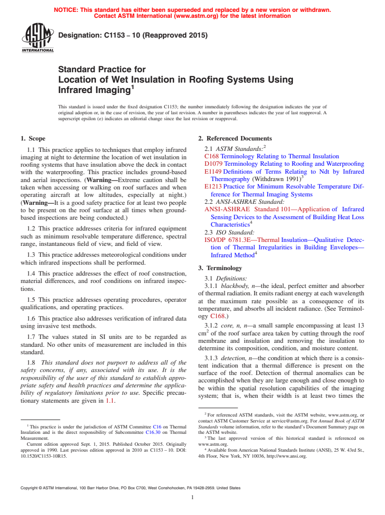 ASTM C1153-10(2015) - Standard Practice for Location of Wet Insulation in Roofing Systems Using Infrared  Imaging